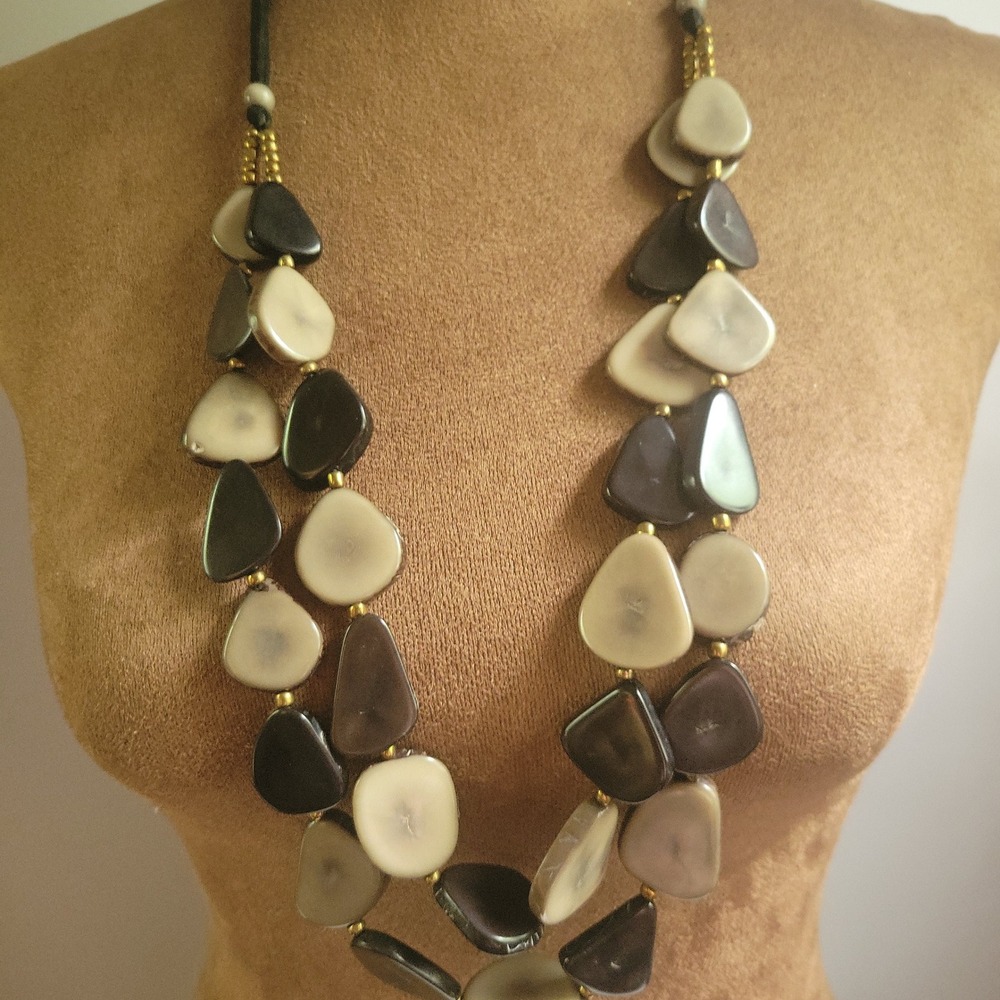 Double Layer Faux Tagua Nut Statement Necklace Brown Cream Adjustable Gorpcore